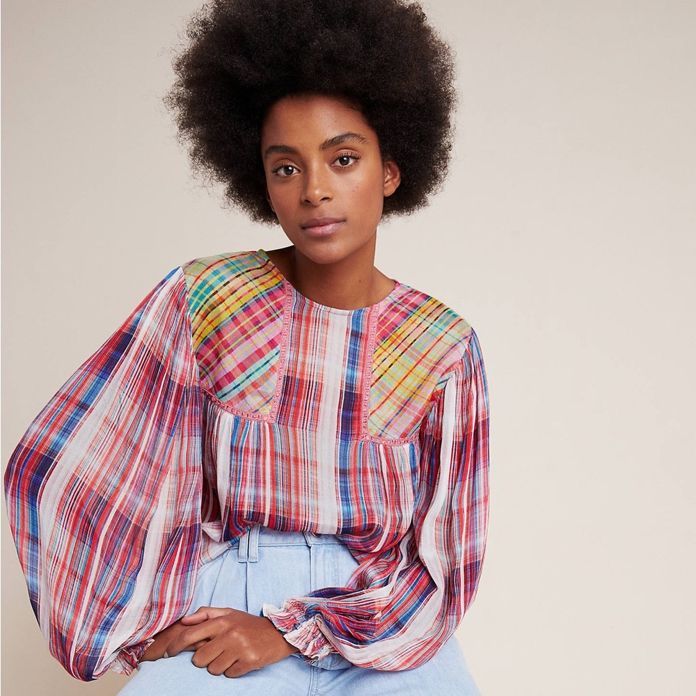 Blank London Women's Miranda Flowy Peasant Top in Rainbow Plaid Size Small